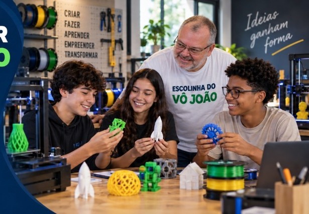 Vô João com estudantes no laboratório maker