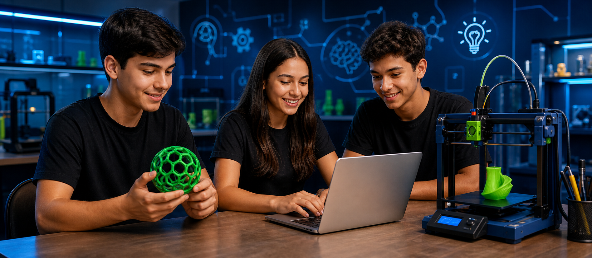 Jovens criando projetos de tecnologia em laboratório maker